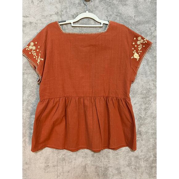 Savanna Jane Babydoll Blouse Large Orange Floral Embroidered Boho Cottage Core - Picture 4 of 7
